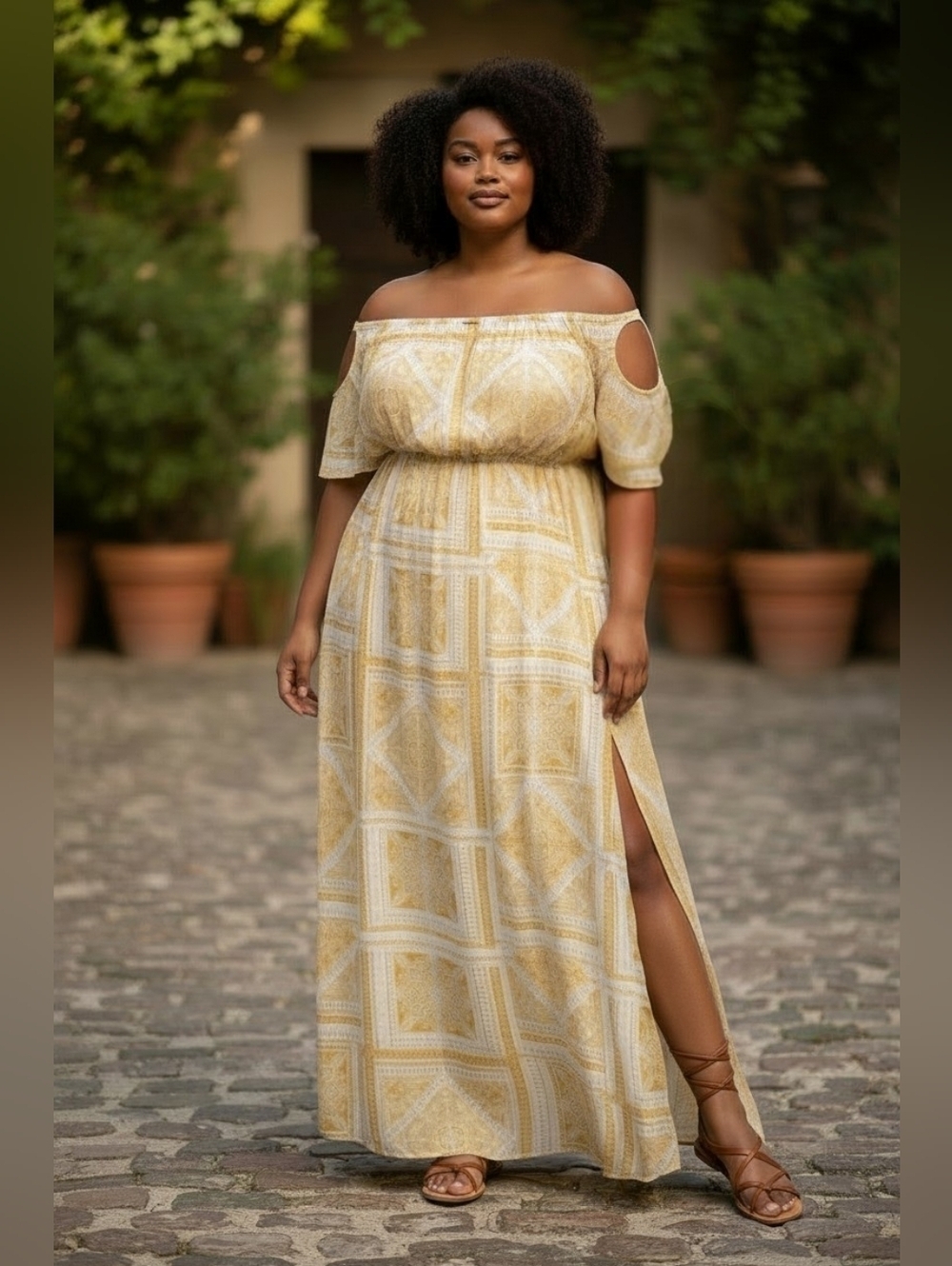 Pretty Little Thing Maxi Dress Yellow Cold Shoulder Floral Size 2X NWT